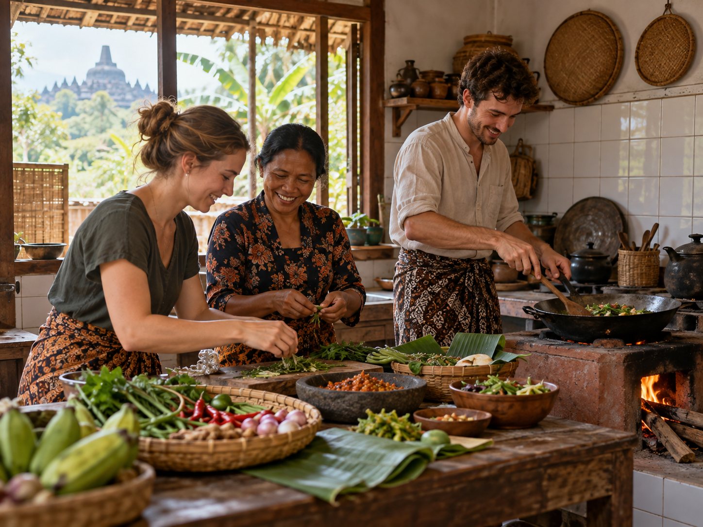A local host and guests preparing a meal together in a family kitchen near Borobudur