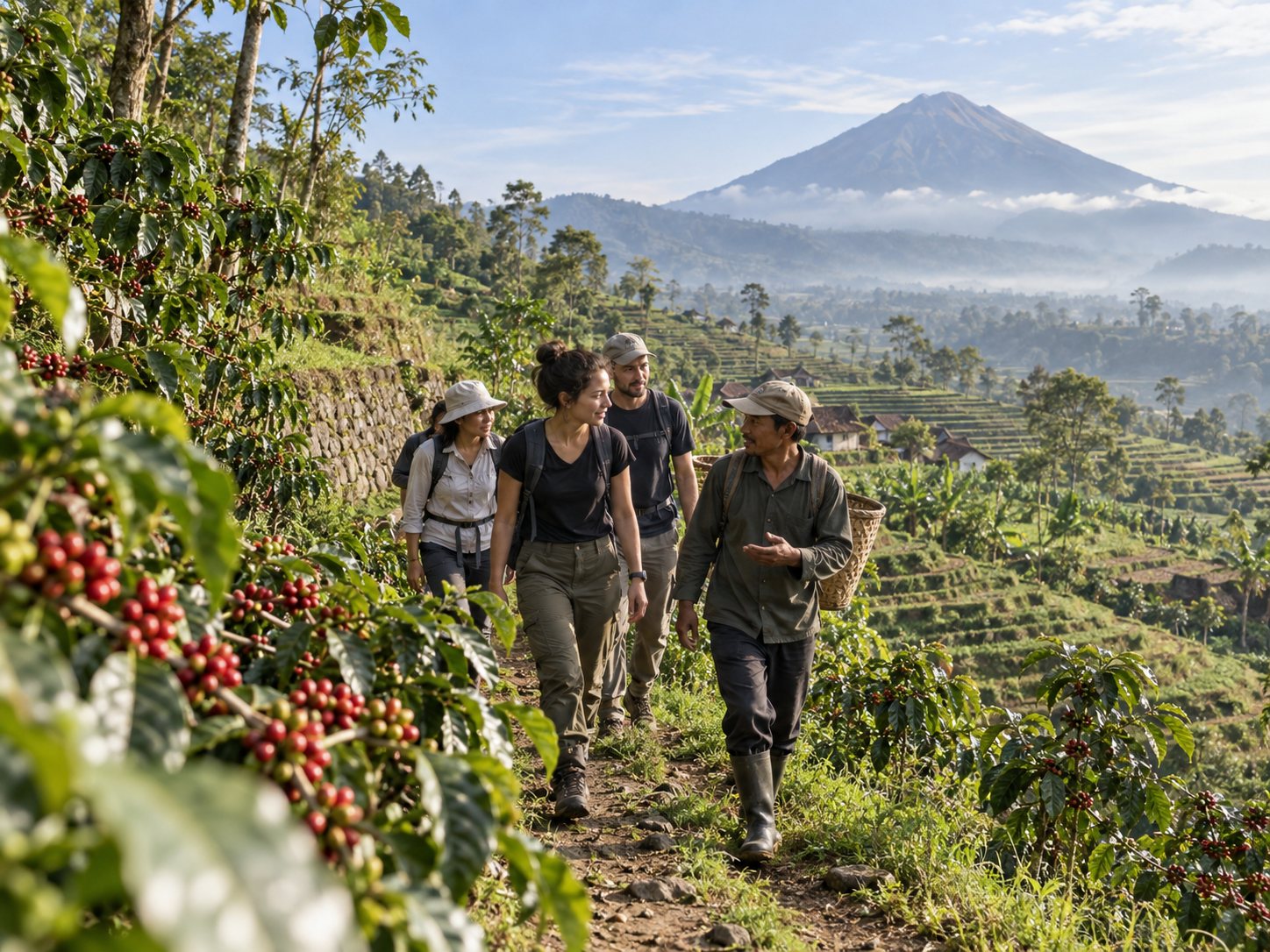 Travelers walking with a local farmer through coffee plants and terraced hills in Central Java