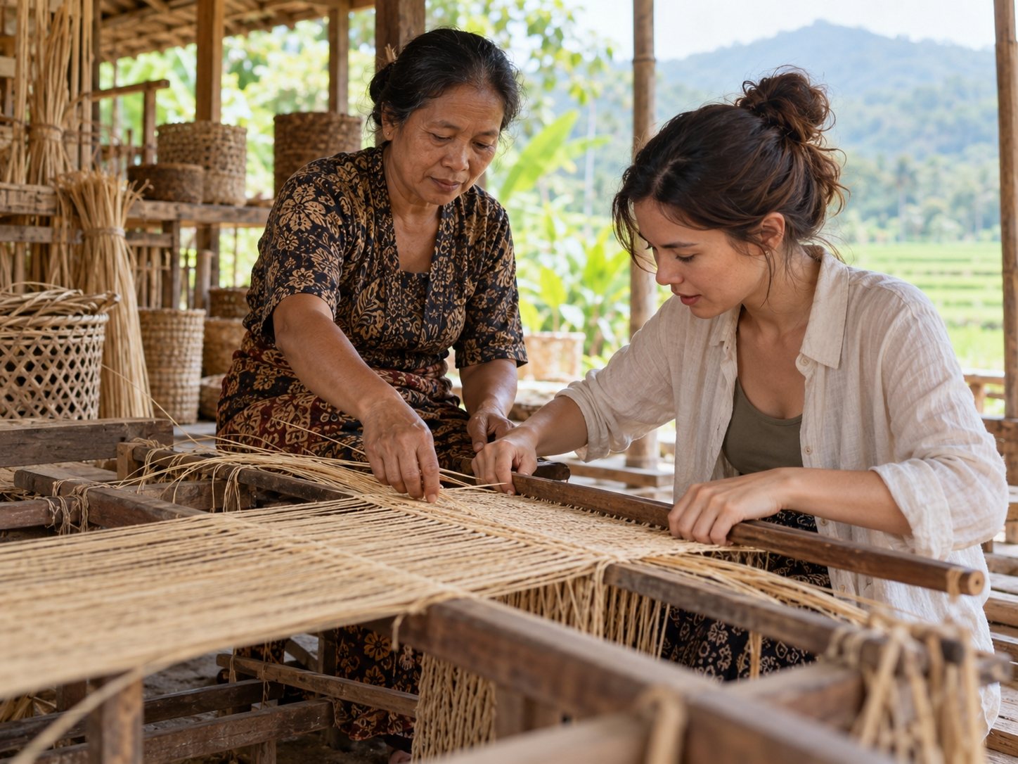 A local artisan showing a visitor how to weave natural fibers at a Central Java workshop